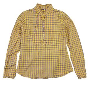 J.Crew Yellow Plaid Ruffle Collar Cotton Button Down Shirt Womens Size Medium